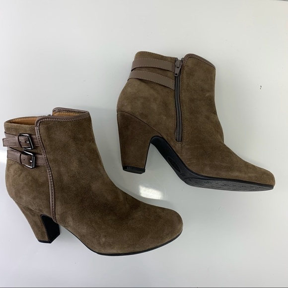 Sofft Ankle Boots suede leather Double Buckle Zip Up Taupe green 9 boho chic - Picture 9 of 10